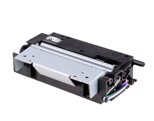 Close-up view of a low voltage thermal print mechanism showing the print head and compact metal frame used in modern portable printers Close-up view of a low voltage thermal print mechanism showing the print head and compact metal frame used in modern portable printers