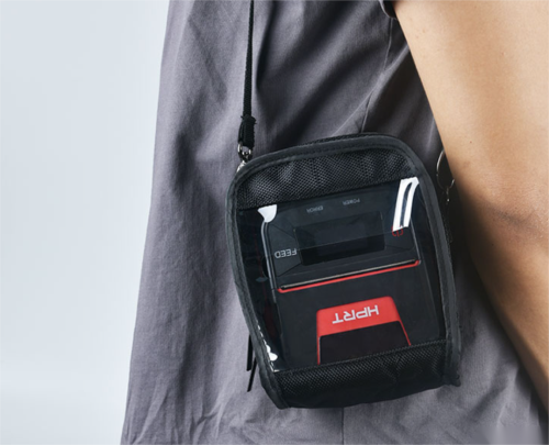 Portable low voltage thermal printer from Hanin in a carrying case, designed for mobile POS and wearable printing applications