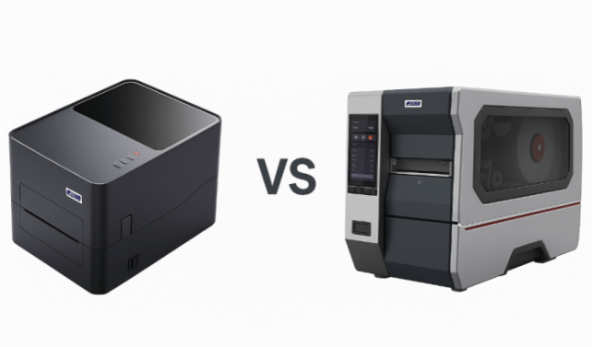 Side-by-side comparison of desktop barcode printer and industrial barcode printer showing design and size differences Side-by-side comparison of desktop barcode printer and industrial barcode printer showing design and size differences