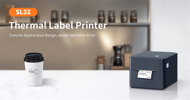 SL32 thermal label printer printing coffee cup label on a countertop, ideal for small business and retail use SL32 thermal label printer printing coffee cup label on a countertop, ideal for small business and retail use
