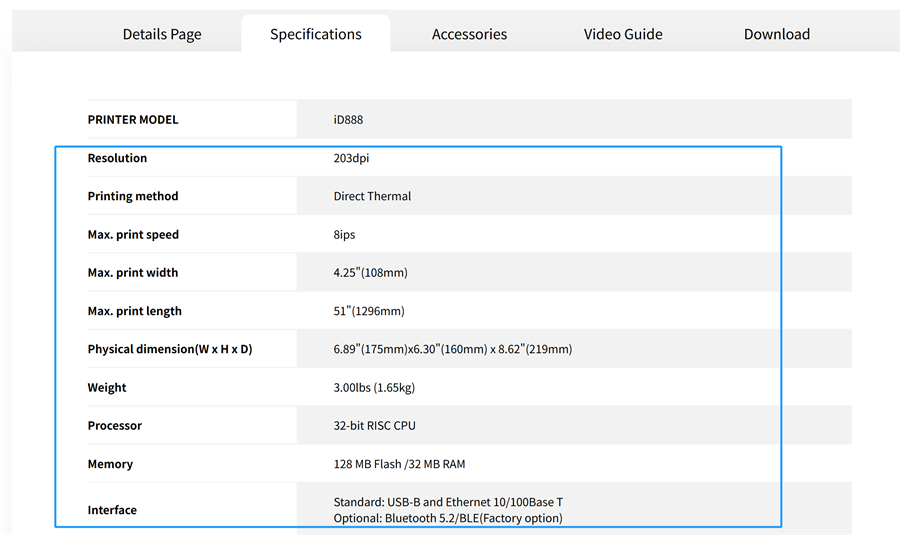 Specifications of the iD888 barcode printer showing resolution, print speed, print width, and connectivity options