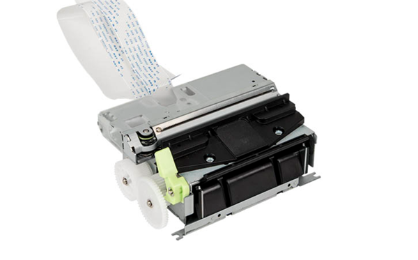 Close-up of a thermal printer mechanism used in kiosk terminals for printing tickets or receipts