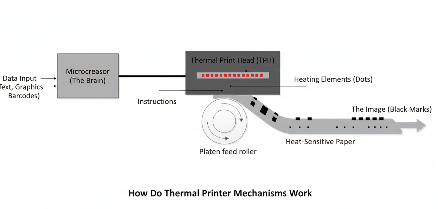 A thermal printer mechanism in action, showing paper feeding through the rollers.